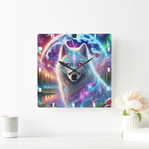 Psychedelic Galaxy Wolf  Square Wall Clock