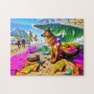 Psychedelic German Shephard Beach Sand Jigsaw Puzzle