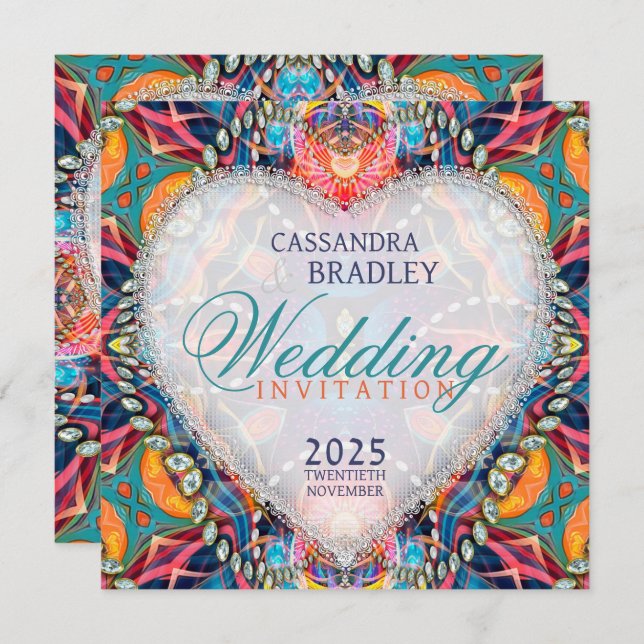 Psychedelic Glam Crystal Heart Wedding  Invitation (Front/Back)