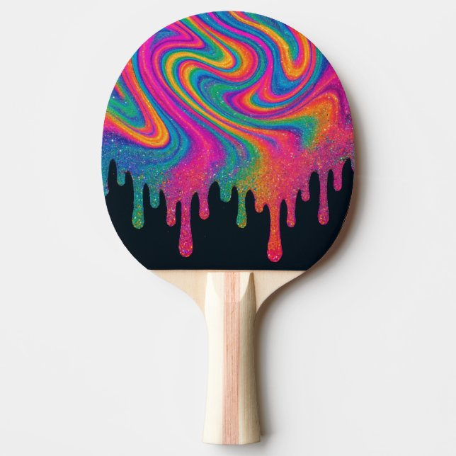 Psychedelic Glittery Neon Drip Ping Pong Paddle (Front)