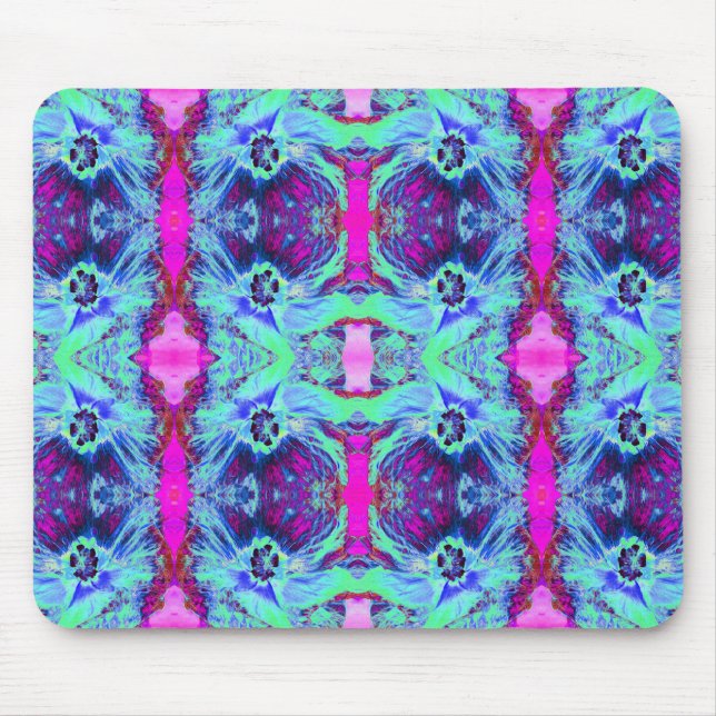 Psychedelic Green and Blue Hibiscus Pattern Mouse Pad (Front)