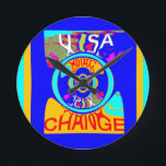 Psychedelic Groove: Pop Art Abstract Energy Round Clock<br><div class="desc">Psychedelic Groove: Pop Art Abstract Energy Dive into a vibrant, high-energy aesthetic with the Psychedelic Groove: Pop Art Abstract Energy design, exclusively at the Achempong Zazzle online store! This captivating artwork features a dynamic, abstract composition bursting with colour and movement. The design is dominated by a bold royal blue background,...</div>