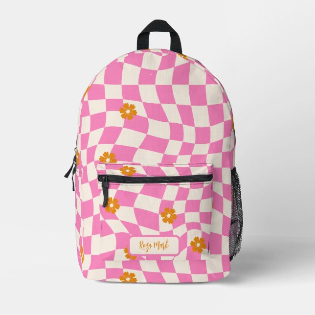 Psychedelic Groovy Daisy Chequerboard, Y2K 90s Printed Backpack (Front)