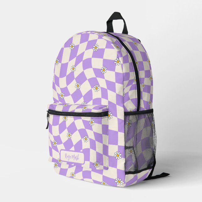 Psychedelic Groovy Daisy Chequerboard, Y2K 90s Printed Backpack (Back Corner Right)