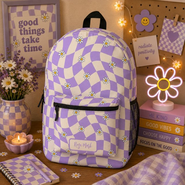 Psychedelic Groovy Daisy Chequerboard, Y2K 90s Printed Backpack (Creator Uploaded)