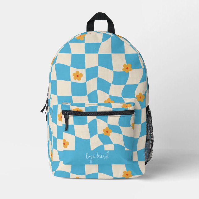 Psychedelic Groovy Floral Chequerboard Printed Backpack (Front)