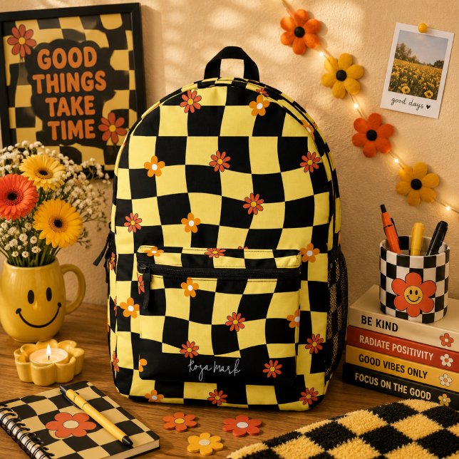 Psychedelic Groovy Floral Chequerboard, Y2K 90s Printed Backpack (Creator Uploaded)