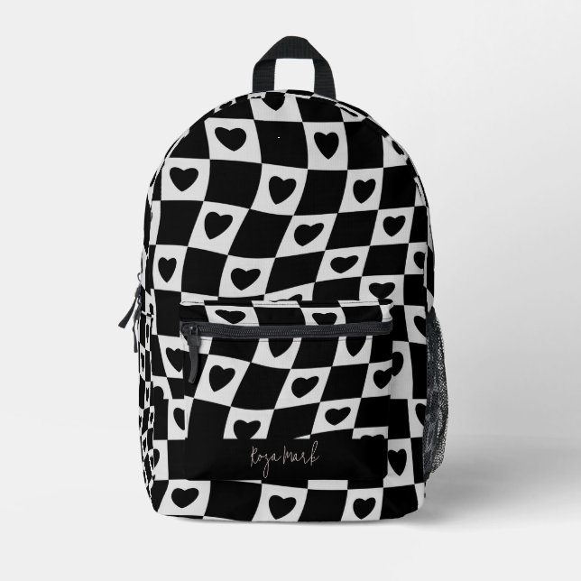 Psychedelic Groovy Heart Chequerboard, Y2K 90s Printed Backpack (Front)