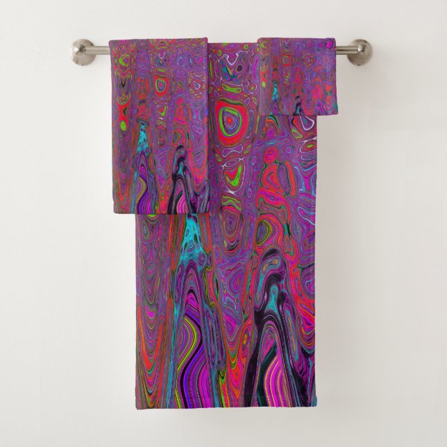 Psychedelic Groovy Magenta Retro Atomic Waves Bath Towel Set (Insitu)