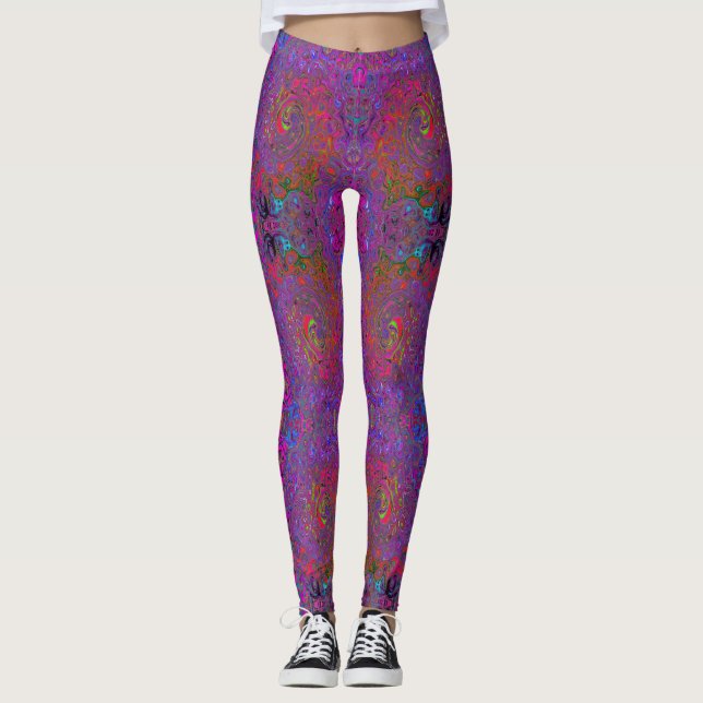 Psychedelic Groovy Magenta Retro Liquid Swirl Leggings (Front)