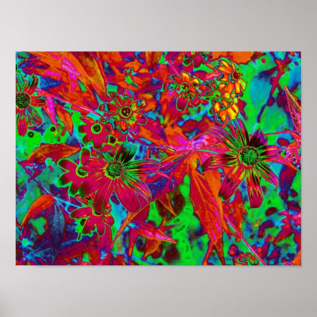 Psychedelic Groovy Red and Green Wildflowers Poster (Front)