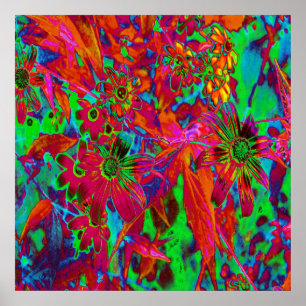 Psychedelic Groovy Red and Green Wildflowers Poster