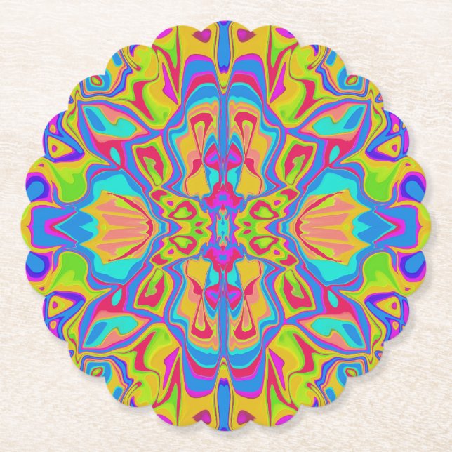 Psychedelic groovy symmetry paper coaster (Front)