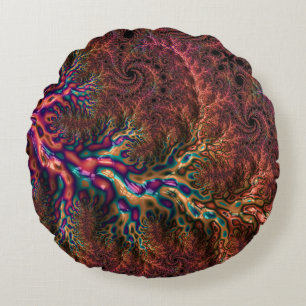 Psychedelic Groovy Trippy Funky Colourful Fractal Round Cushion