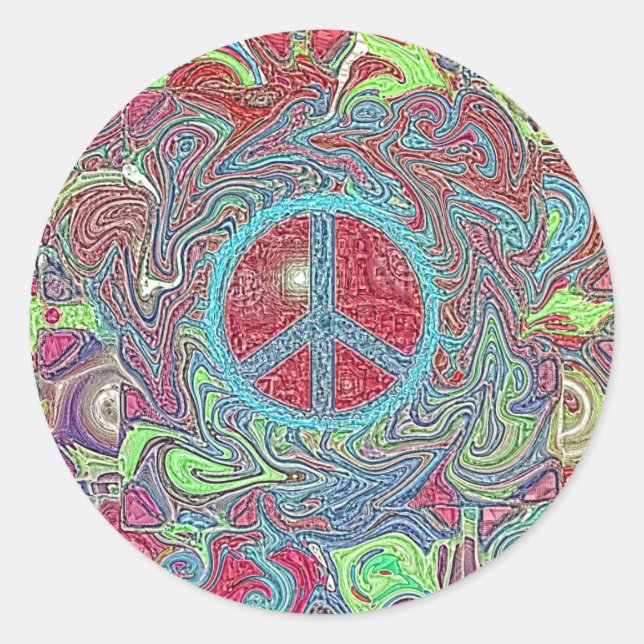 Psychedelic Groovy Trippy Peace Sign Classic Round Sticker (Front)