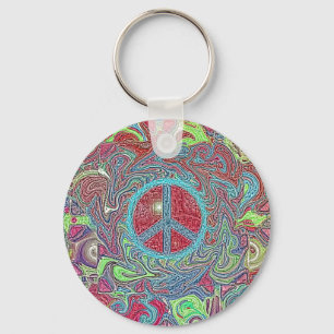 Psychedelic Groovy Trippy Peace Sign Key Ring