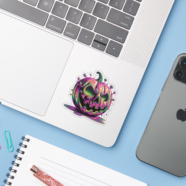 Psychedelic Grumpy Pumpkin Halloween Sticker (Laptop w/ iPhone)