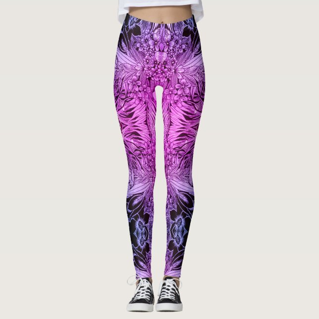 Psychedelic Hawaiian Jungle Tattoos Floral Pattern Leggings (Front)