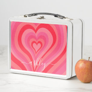 Psychedelic Hearts Calligraphy Script Name Pinks Metal Lunch Box