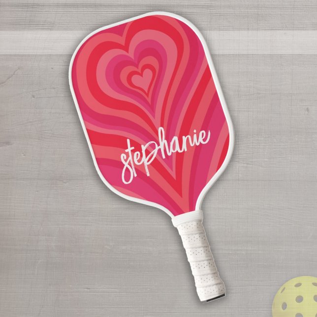 Psychedelic Hearts Calligraphy Script Name Pinks Pickleball Paddle (Creator Uploaded)