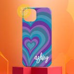 Psychedelic Hearts Calligraphy Script Name Purple  iPhone 16 Case<br><div class="desc">A funky heart pattern with crazy purple and blue colours. The modern script with swashes adds a modern touch to this retro design. Add your name or delete the text for a fun feminine cover.</div>