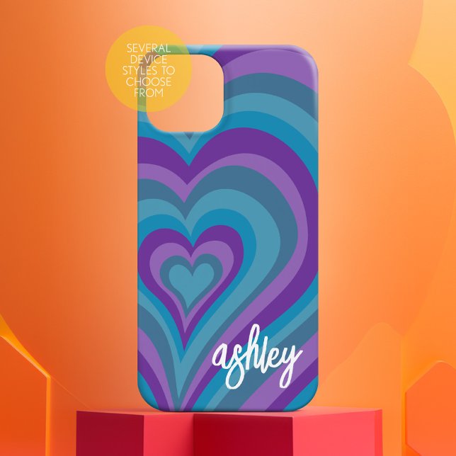 Psychedelic Hearts Calligraphy Script Name Purple  iPhone 16 Case (personalized phone case with funky heart pattern)