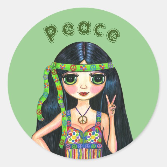 Psychedelic Hippie Chick Peace Sign Headband 1960s Classic Round Sticker (Front)