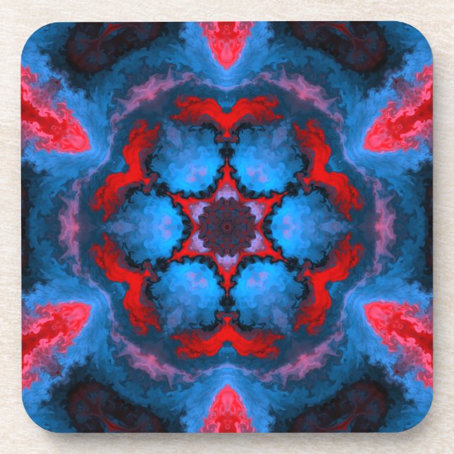 Psychedelic Hippie Flower Blue and Red Coaster (Front)
