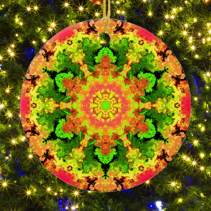 Psychedelic Hippie Flower Green Orange and Red Ceramic Ornament