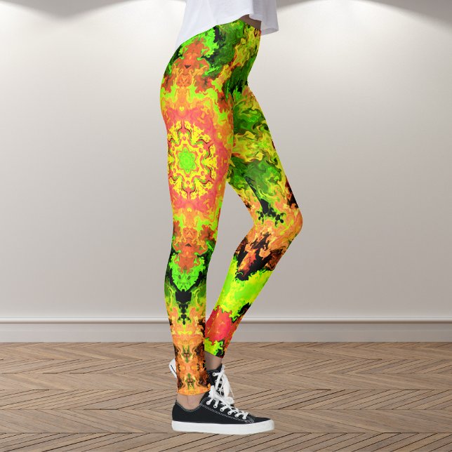 Psychedelic Hippie Flower Green Orange and Red Leggings (Creator Uploaded)