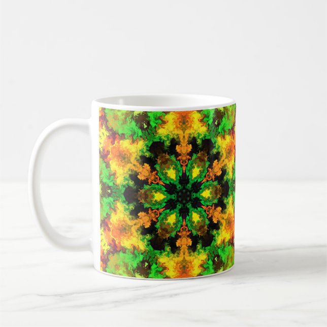 Psychedelic Hippie Flower Green Orange and Yellow Coffee Mug (Left)