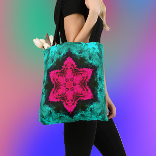 Psychedelic Hippie Flower Pink and Teal Tote Bag