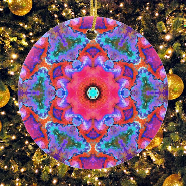 Psychedelic Hippie Flower Pink Blue and Orange Ceramic Ornament (Creator Uploaded)