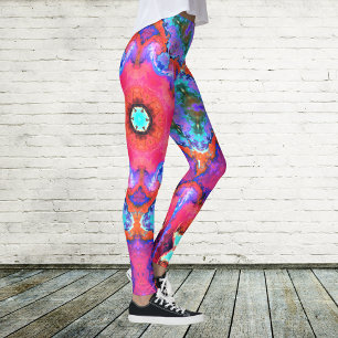 Psychedelic Hippie Flower Pink Blue and Orange Leggings