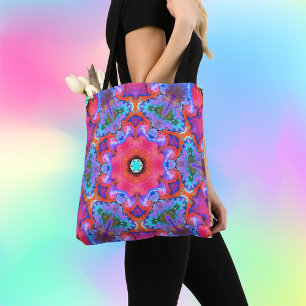 Psychedelic Hippie Flower Pink Blue and Orange Tote Bag