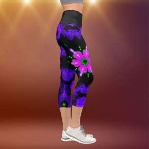 Psychedelic Hippie Flower Pink Purple and Green Le Capri Leggings
