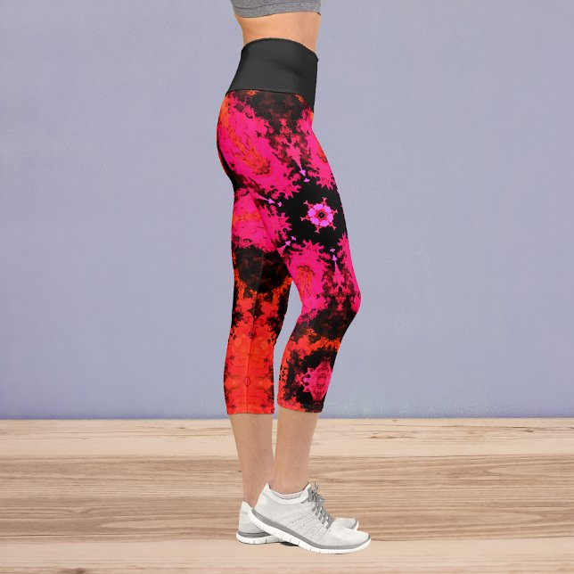 Psychedelic Hippie Flower Pink Red and Black Leggi Capri Leggings (Creator Uploaded)