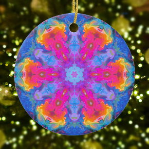 Psychedelic Hippie Flower Pink Yellow and Blue Ceramic Ornament