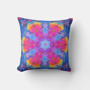 Psychedelic Hippie Flower Pink Yellow and Blue Cushion