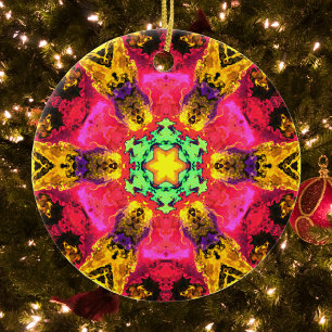 Psychedelic Hippie Flower Pink Yellow and Green Ceramic Ornament