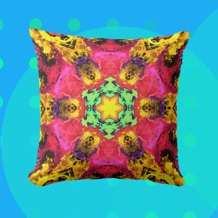 Psychedelic Hippie Flower Pink Yellow and Green Cushion