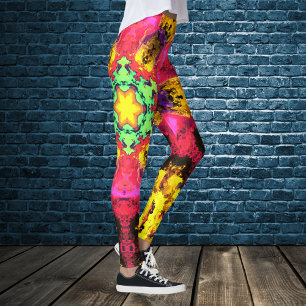 Psychedelic Hippie Flower Pink Yellow and Green Leggings