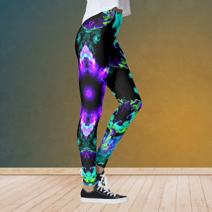 Psychedelic Hippie Flower Purple Teal and Black Leggings