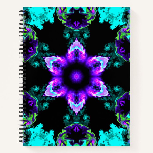 Psychedelic Hippie Flower Purple Teal and Black Notebook (Front)