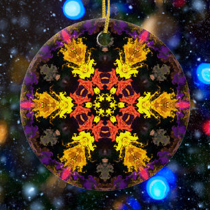 Psychedelic Hippie Flower Red Yellow and Purple Ceramic Ornament