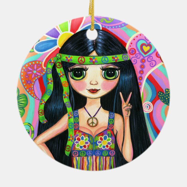 Psychedelic Hippie Girl Headband Peace Sign 1960s Ceramic Tree Decoration (Back)