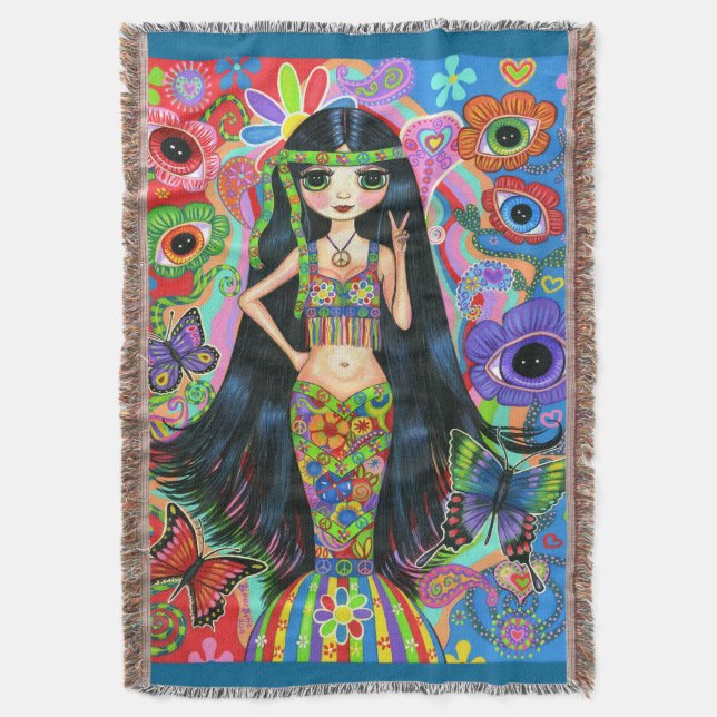 Psychedelic Hippie Girl Mermaid Peace Sign 1960s Throw Blanket (Front Vertical)