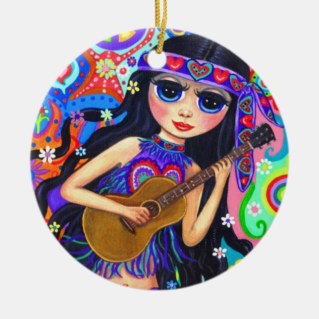 Psychedelic Hippie Mermaid Girl Guitar Cute Hearts Ceramic Ornament (Front)
