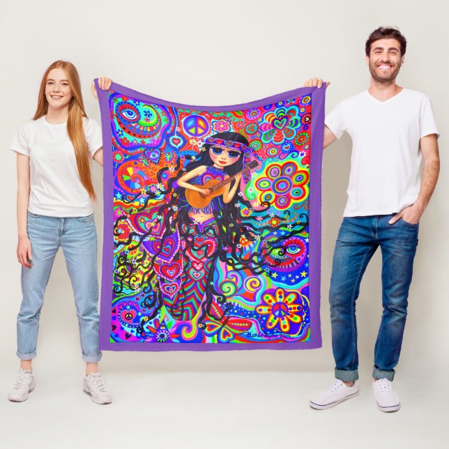 Psychedelic Hippie Mermaid Girl Guitar Cute Hearts Fleece Blanket (In Situ)