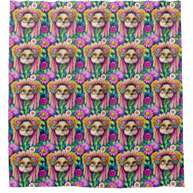 Psychedelic Hippie Puppy Groovy Shower Curtain (Front)
